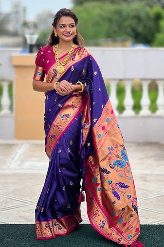 Violet traditional rajhans paithani silk saree with contrast blouse