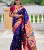 Violet traditional rajhans paithani silk saree with contrast blouse