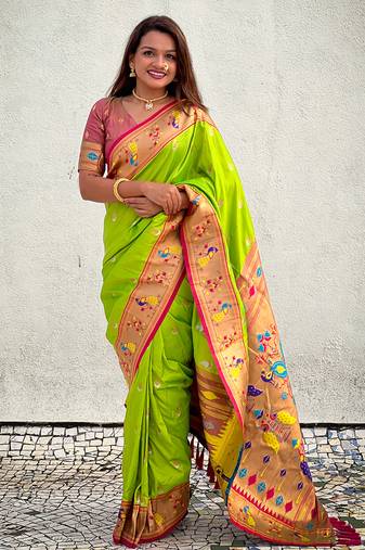 Green traditional rajhans paithani silk saree with contrast blouse