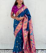 Blue traditional rajhans paithani silk saree with contrast blouse