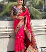 Pink traditional rajhans paithani silk saree with contrast blouse