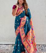 Teal traditional rajhans paithani silk saree with contrast blouse