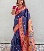 Navy blue traditional rajhans paithani silk saree with contrast blouse