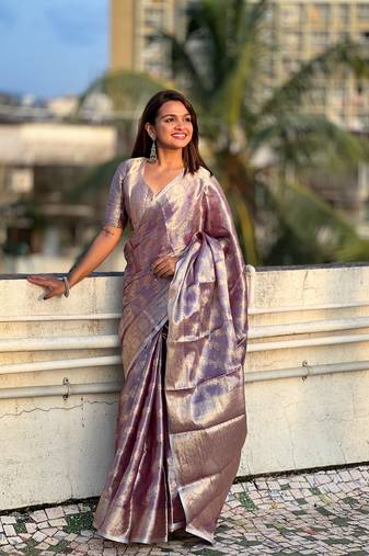 Lavender kanjivaram soft tissue pattu traditional saree matching blouse