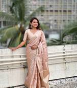 Peach kanjivaram soft tissue pattu traditional saree matching blouse