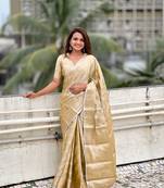 Cream kanjivaram soft tissue pattu traditional saree matching blouse