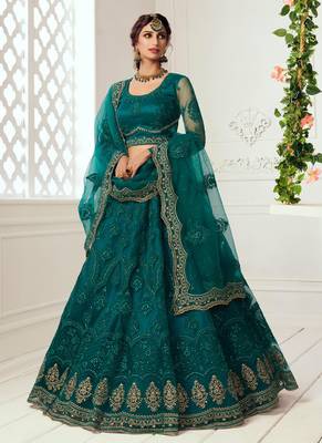 teal green net embroidered wedding lehenga 1