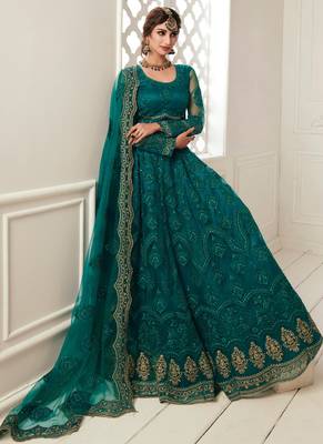 teal green net embroidered wedding lehenga 2