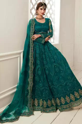 teal green net embroidered wedding lehenga