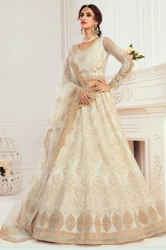 off white  net embroidered wedding lehenga