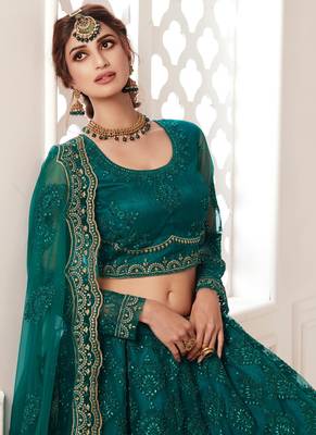 teal green net embroidered wedding lehenga 3