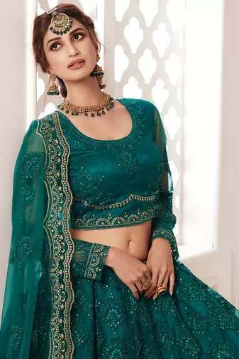 teal green net embroidered wedding lehenga