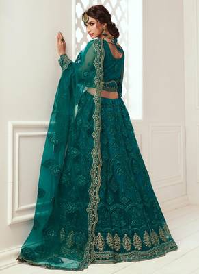 teal green net embroidered wedding lehenga 4