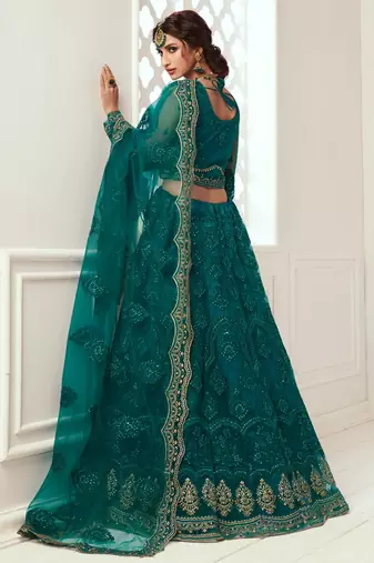 teal green net embroidered wedding lehenga