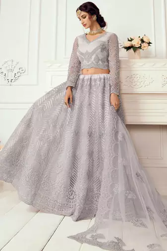 lavender net embroidered wedding lehenga