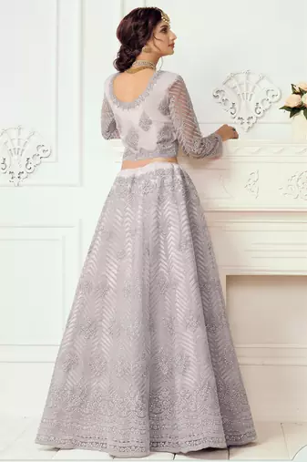 lavender net embroidered wedding lehenga