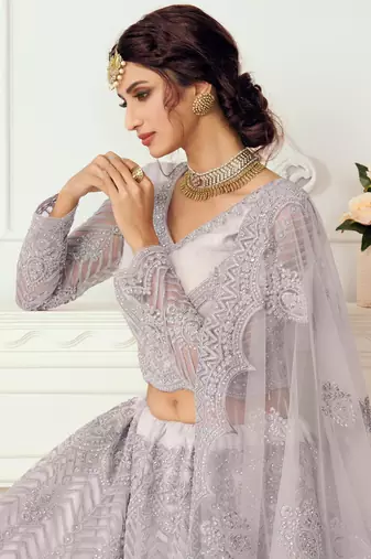 lavender net embroidered wedding lehenga