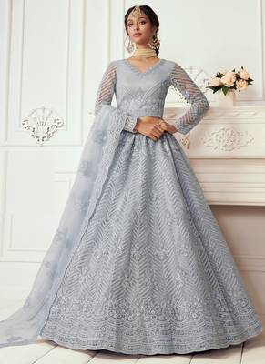 light grey net embroidered wedding lehenga 1