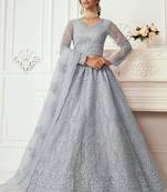 light grey net embroidered wedding lehenga