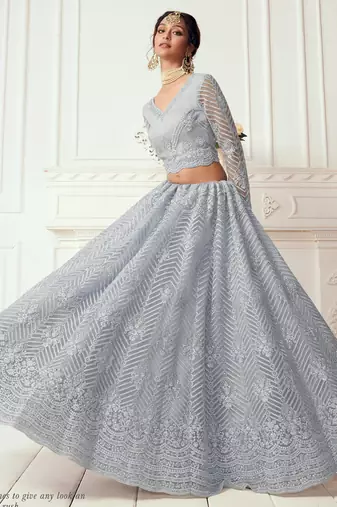 light grey net embroidered wedding lehenga