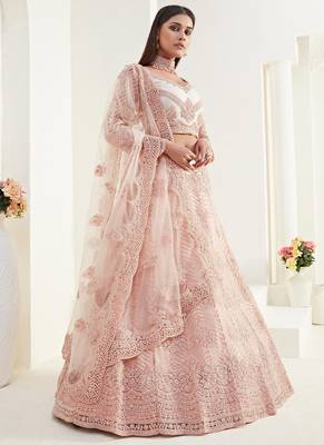 peach net embroidered wedding lehenga 1