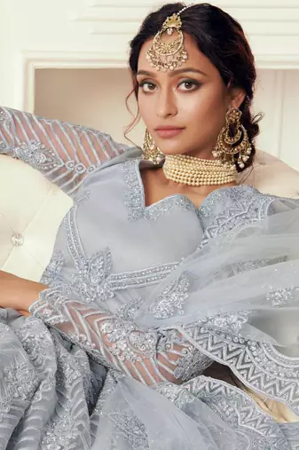 light grey net embroidered wedding lehenga