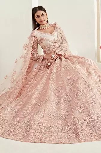 peach net embroidered wedding lehenga