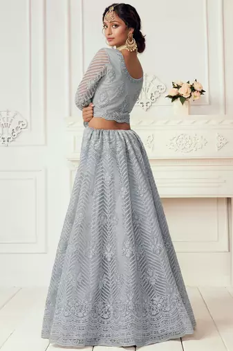 light grey net embroidered wedding lehenga