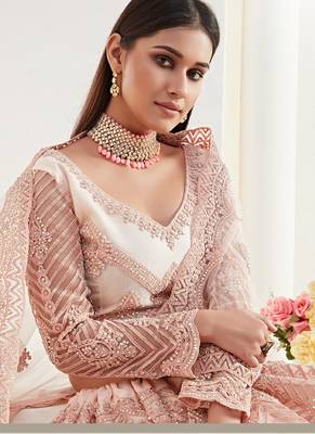 peach net embroidered wedding lehenga 3