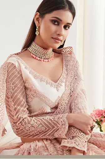 peach net embroidered wedding lehenga