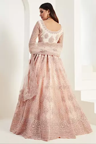 peach net embroidered wedding lehenga