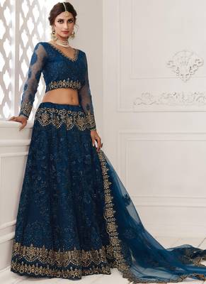 blue net embroidered wedding lehenga 2
