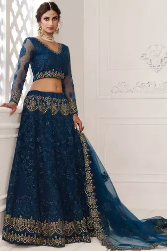 blue net embroidered wedding lehenga