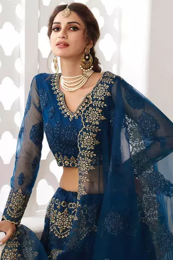 blue net embroidered wedding lehenga