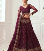 wine net embroidered wedding lehenga