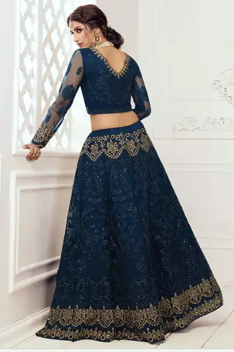 blue net embroidered wedding lehenga