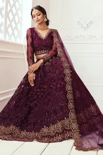 wine net embroidered wedding lehenga