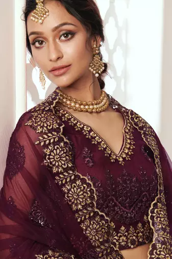 wine net embroidered wedding lehenga