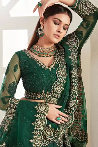 green net embroidered wedding lehenga
