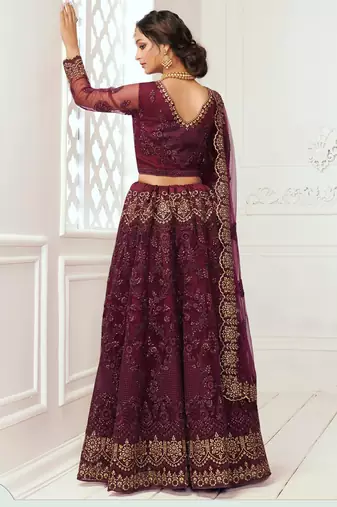 wine net embroidered wedding lehenga