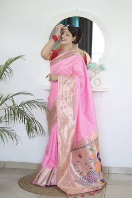 Baby pink soft paithani silk weaving saree with blouse 1