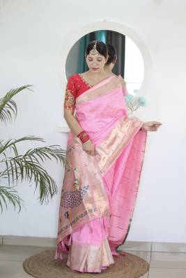 Baby pink soft paithani silk weaving saree with blouse 2