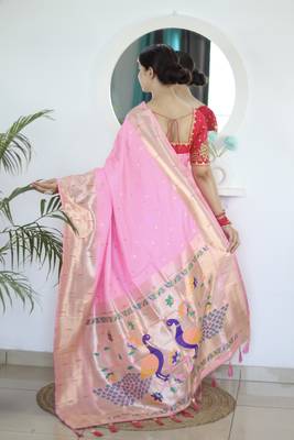 Baby pink soft paithani silk weaving saree with blouse 3