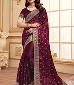 Designer Wine Heavy Zari Sequence Embroidery Work Silk Saree