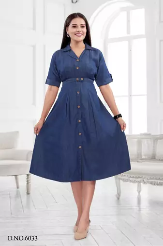 Denim blue long one piece kurtis with show buttons