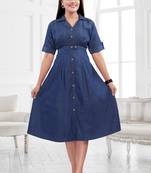 Denim blue long one piece kurtis with show buttons