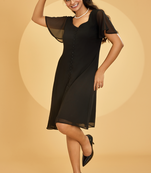 Urban sundari solid crepe knee length a-line dress with embroidered button