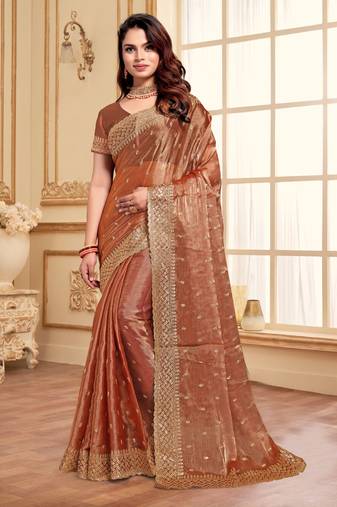 Peach Zari Resham Embroidery Work Silk Saree
