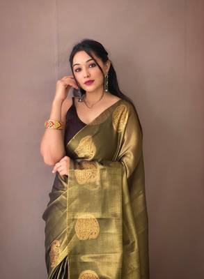 Original Tissue Silk Sarees Having Mango Border Having Chit Pallu With Jhalar Saree 1