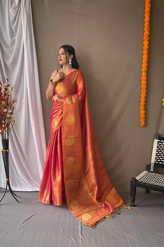 Original Tissue Silk Sarees Having Mango Border Having Chit Pallu With Jhalar Saree